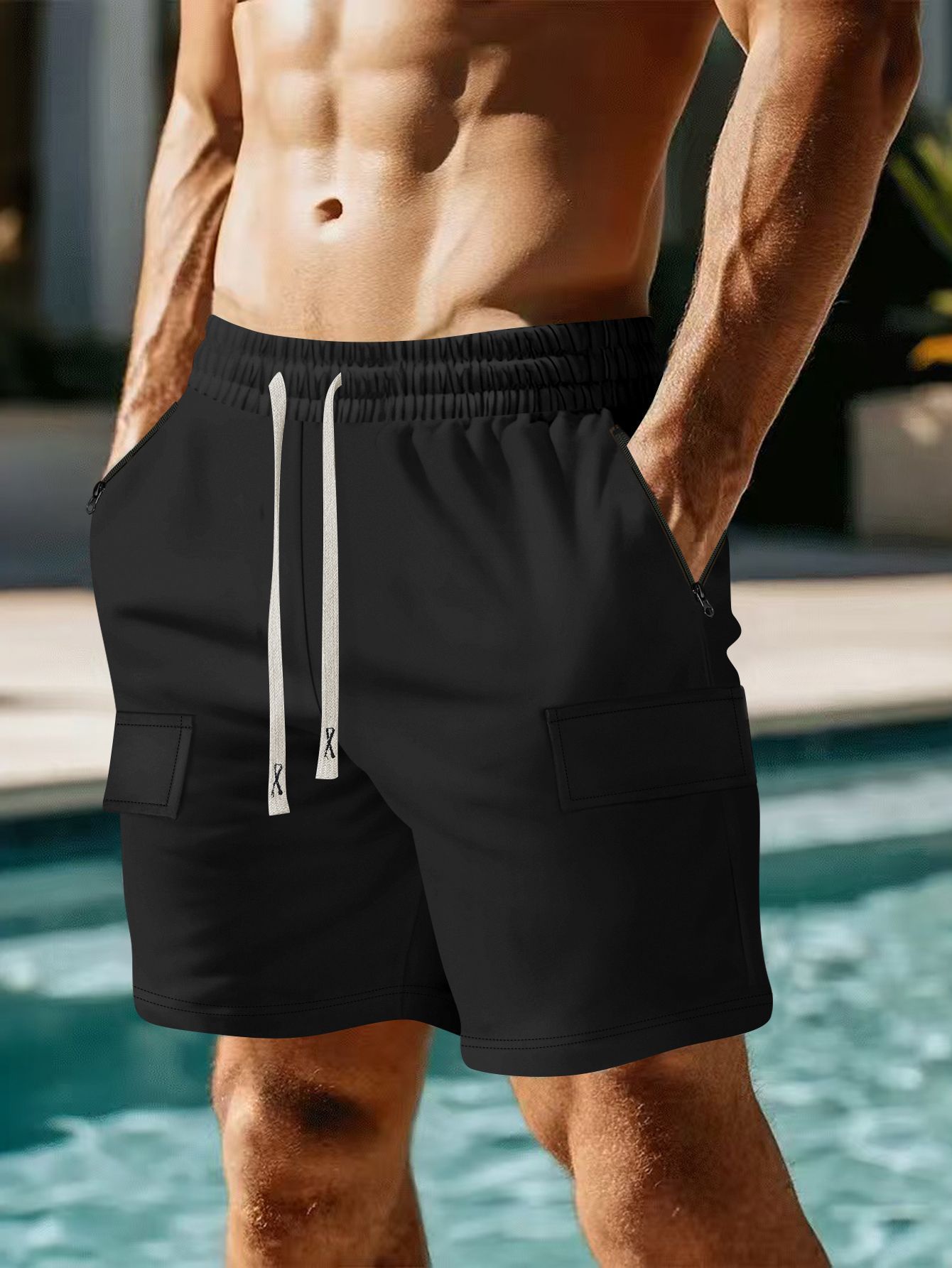 Army green multi-pocket casual shorts