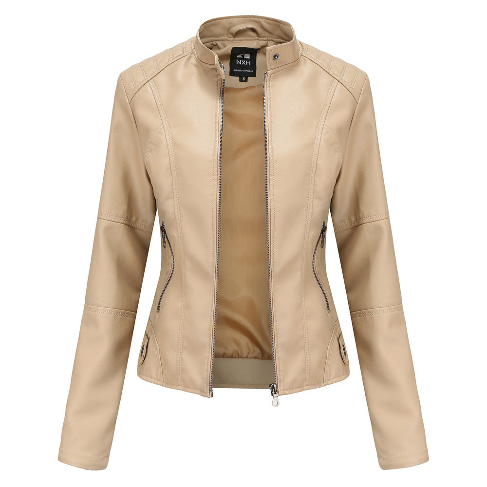 Beige women’s casual PU leather jacket