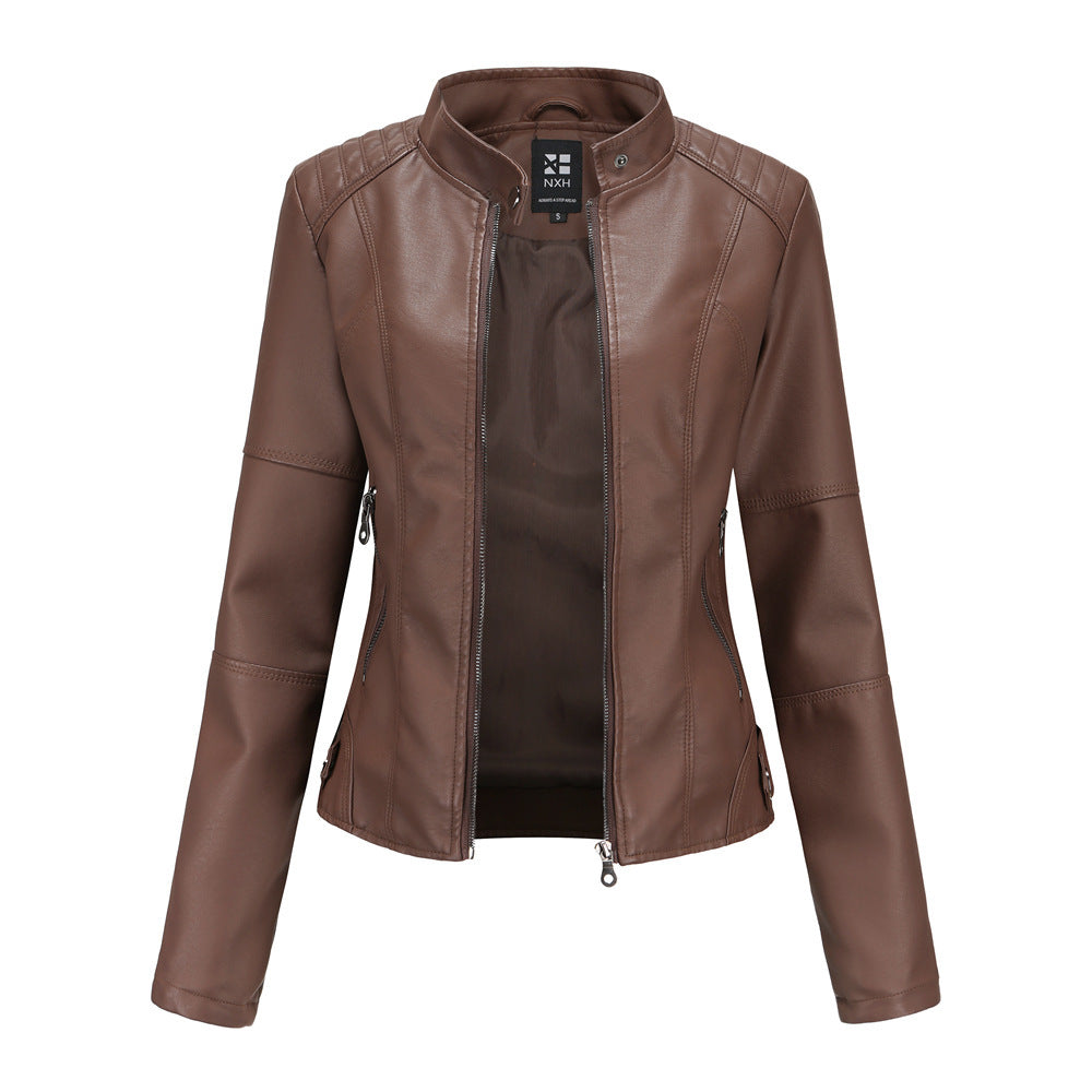 Coffee color leather jacket for women casual chic