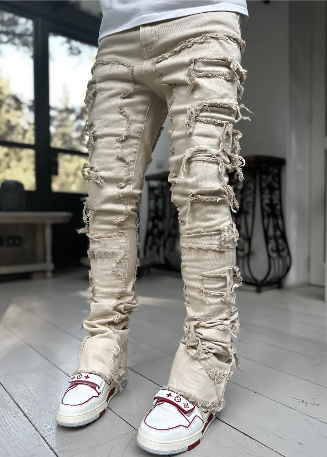 Pink stacked jeans with patch details for men