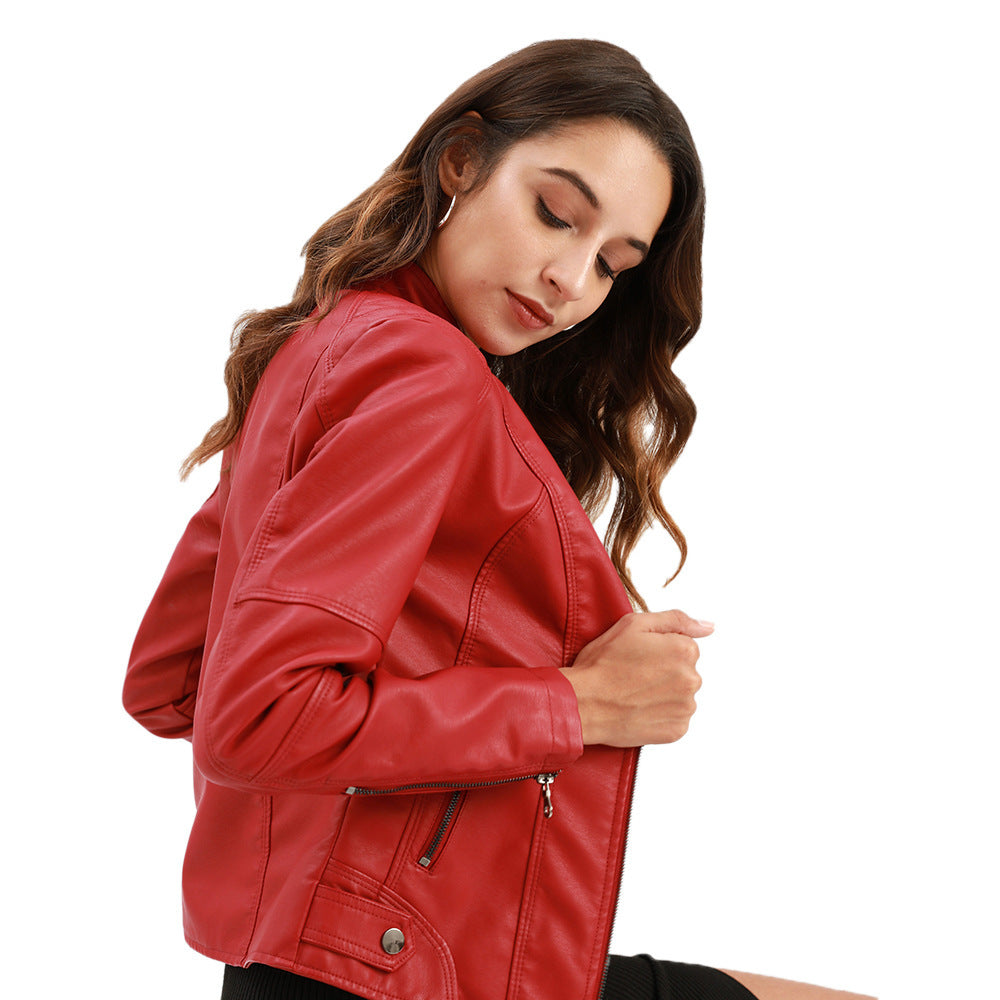 Red PU leather jacket for women street style