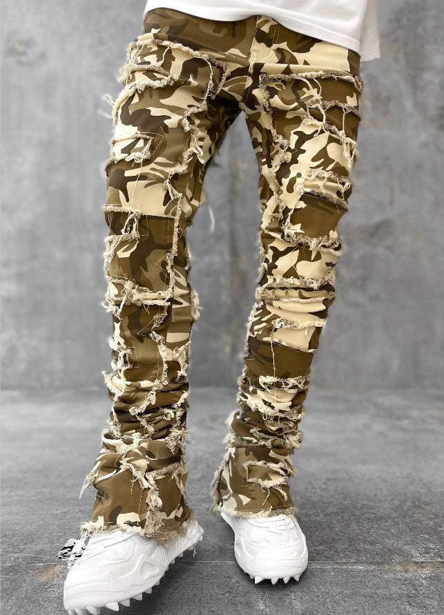 Side view of Yuvoro stacked jeans with patchwork