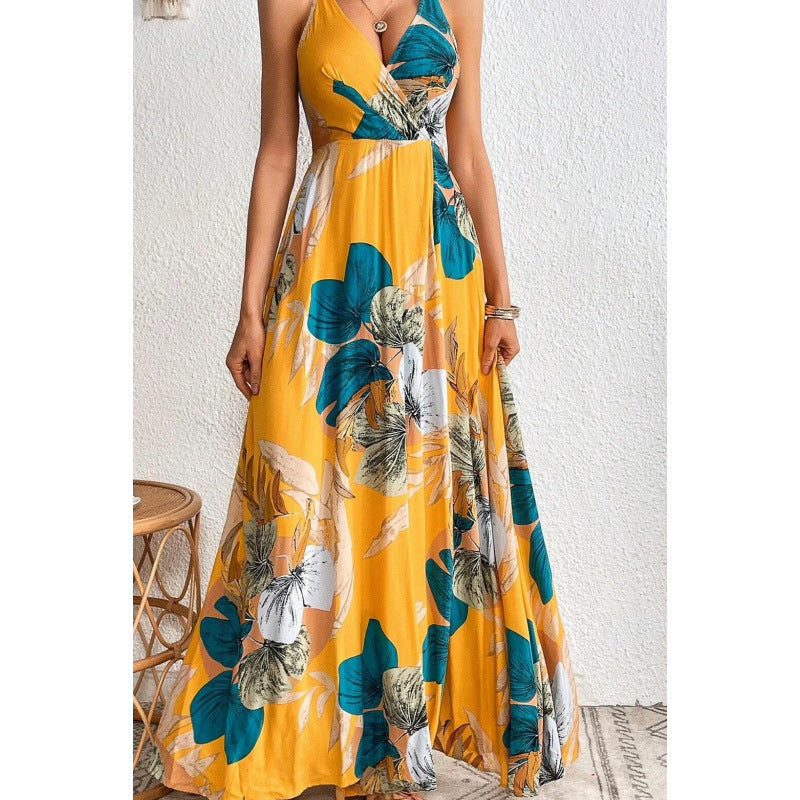 Yellow floral summer dress with mesh slit