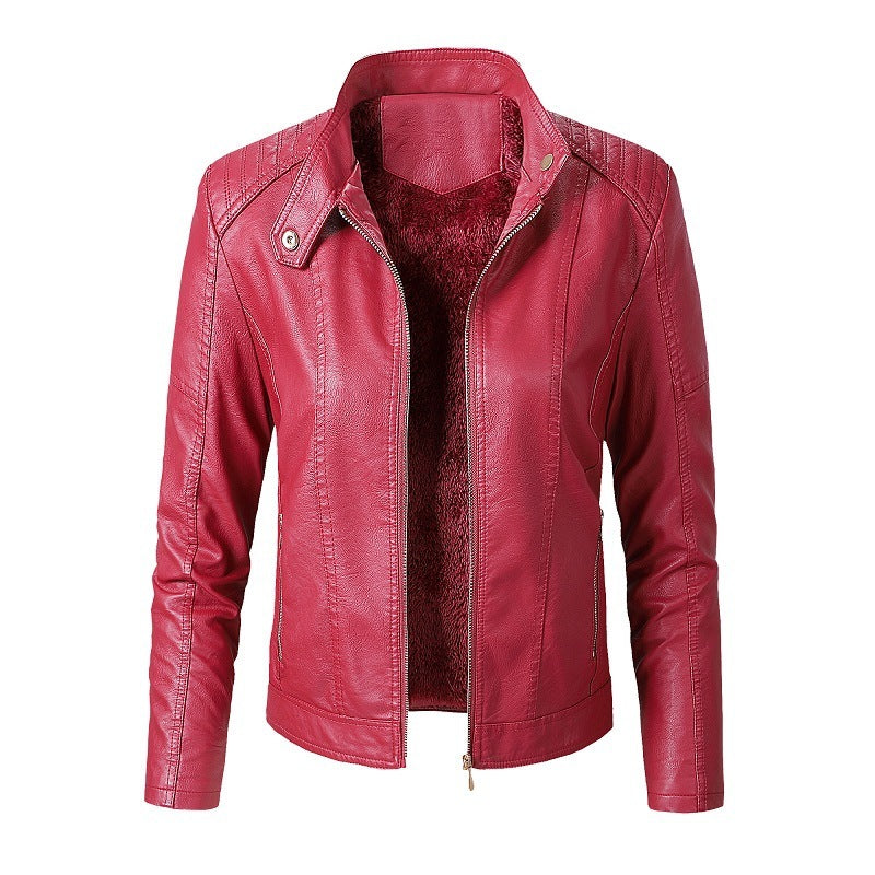 Yuvoro plus velvet lining PU leather jacket detail shot