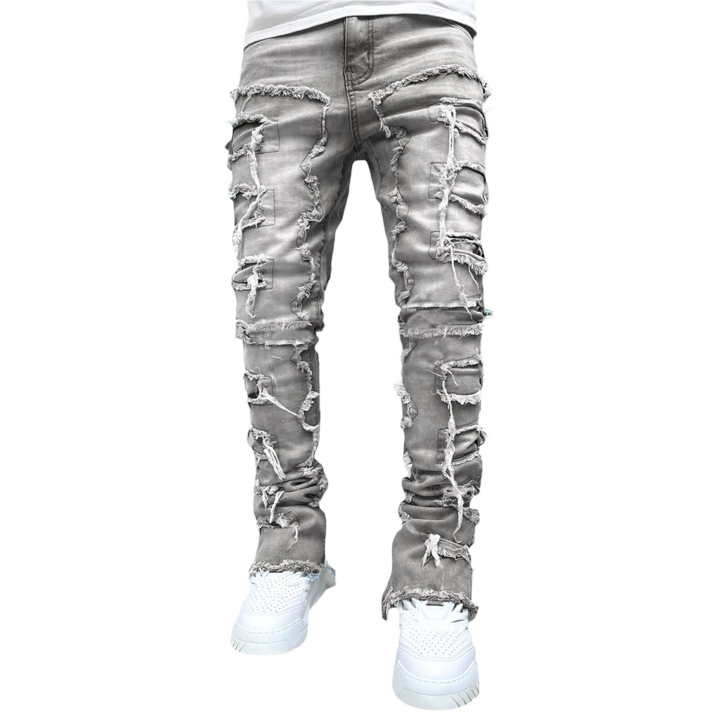 men’s patched stacked jeans