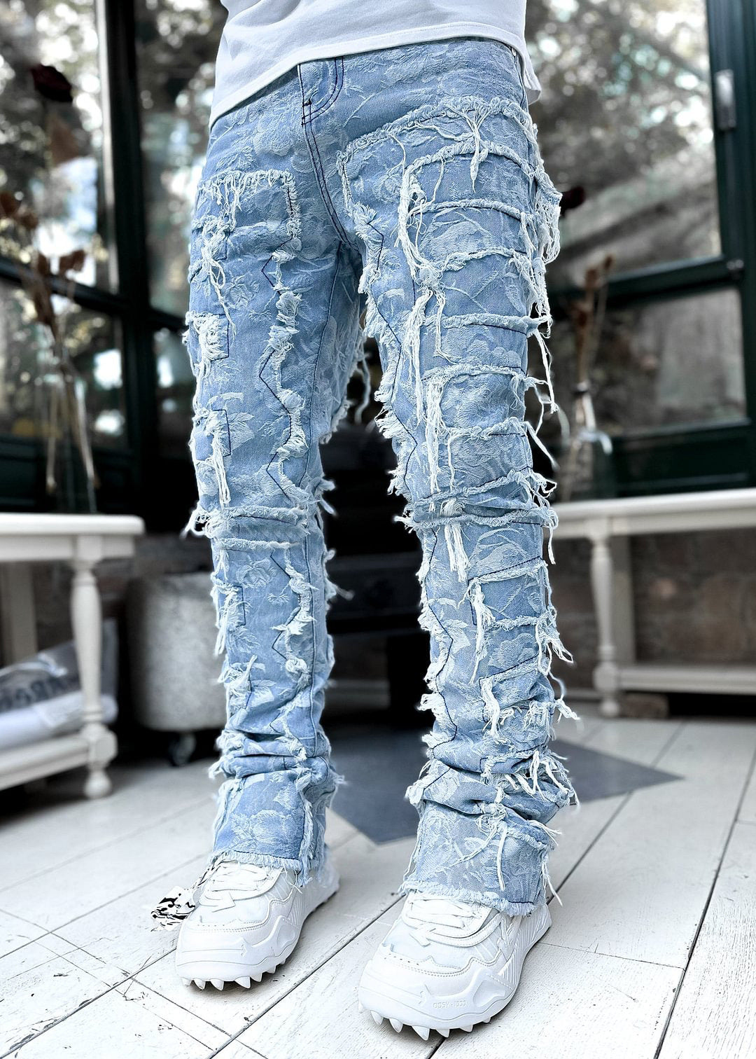 stacked leg denim trousers