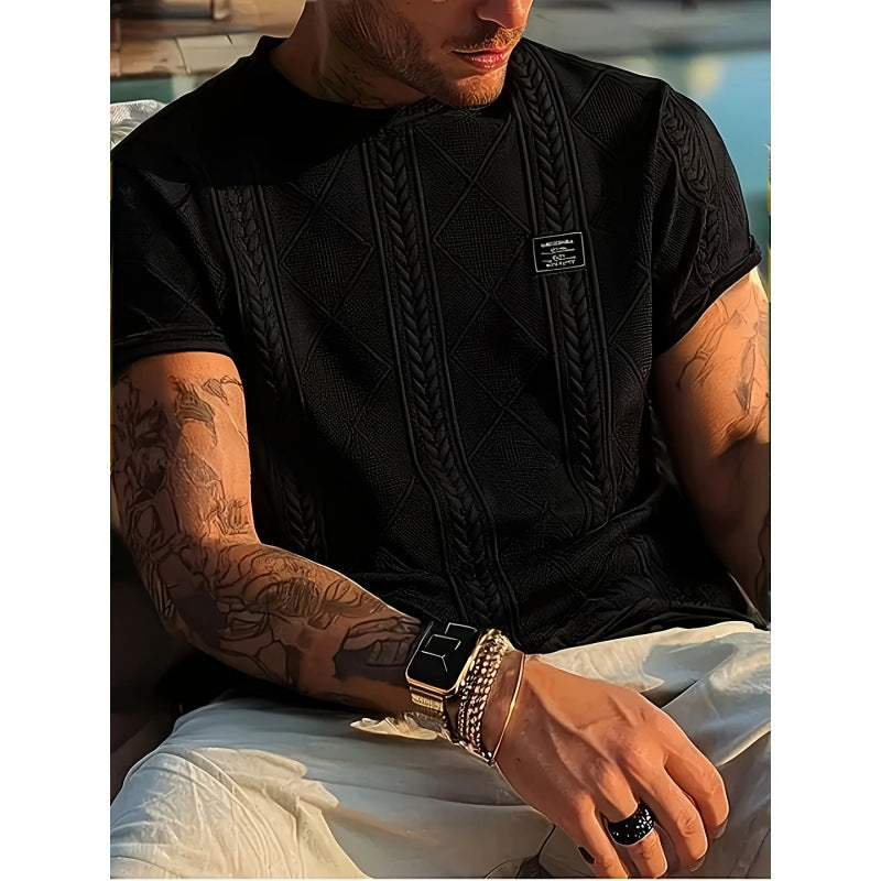 Back view of white geometric embroidered short sleeve shirt