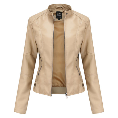 Beige women’s casual PU leather jacket