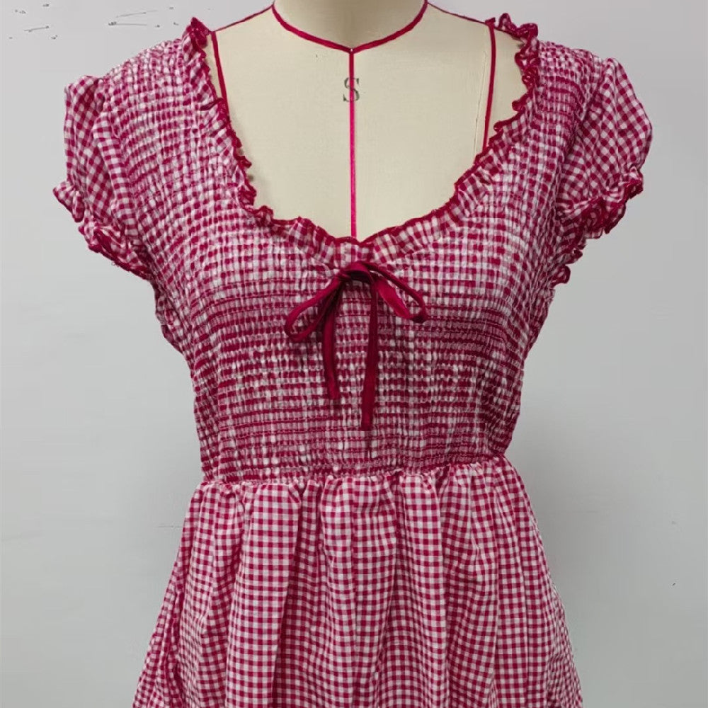 Black plaid shirred one-piece outfit