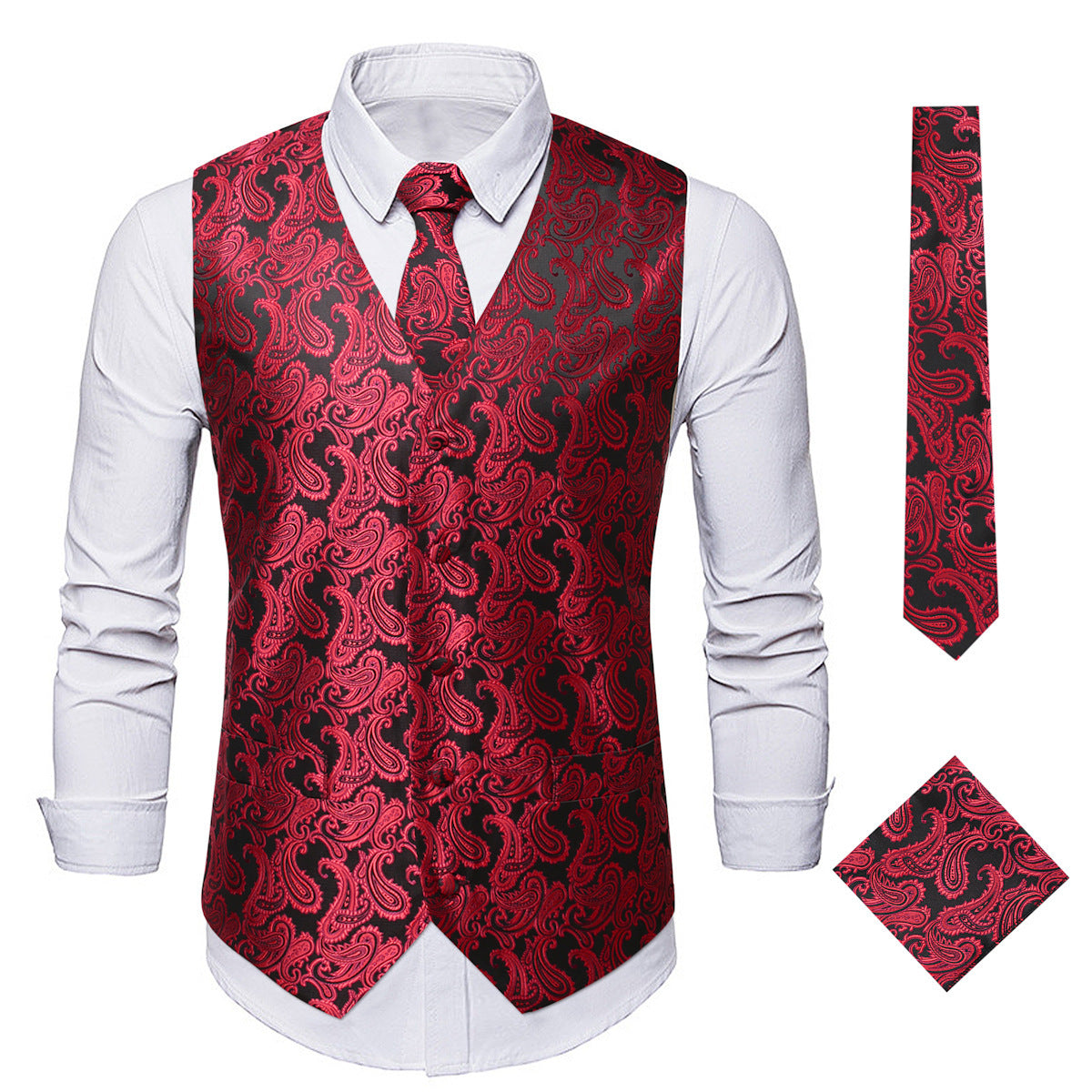 Black red paisley vest with matching accessories