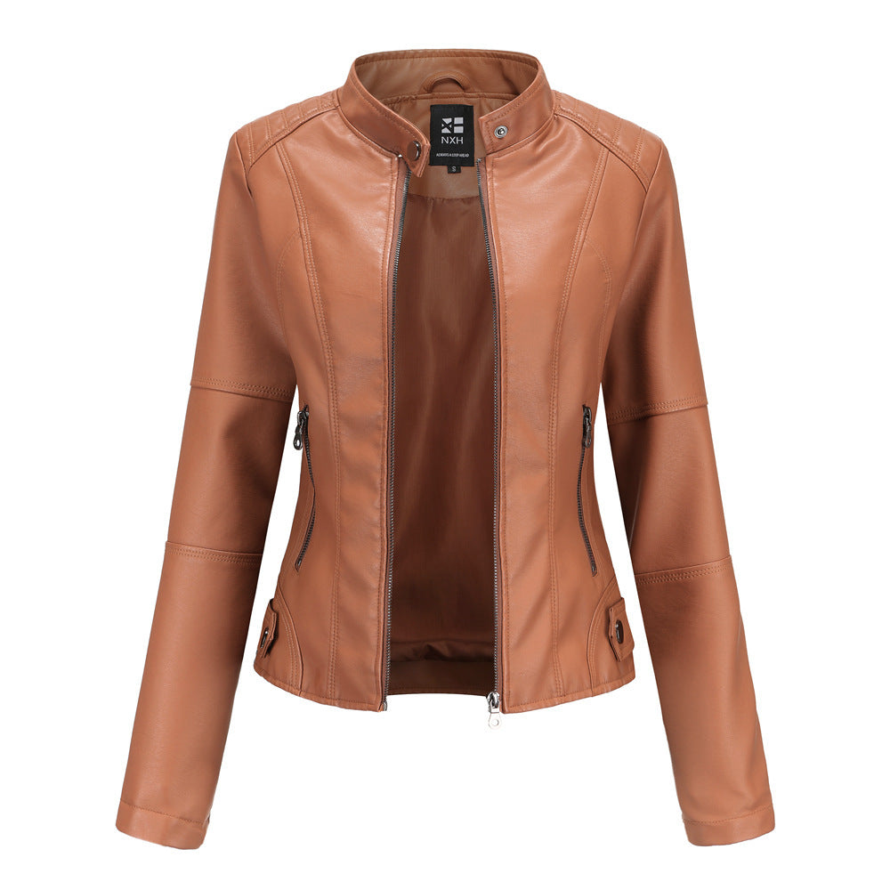 Brown PU leather jacket with stand collar design