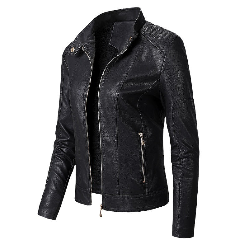 Brown faux leather jacket for women with velvet lining