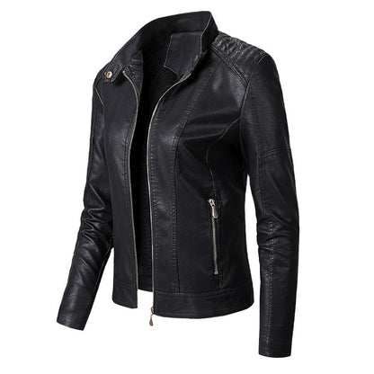 Brown faux leather jacket for women with velvet lining