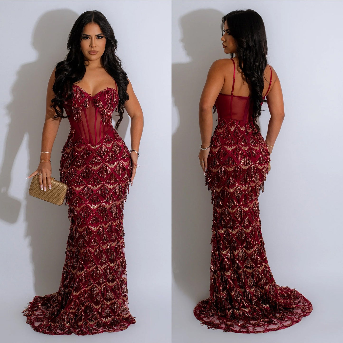 Burgundy strapless sequin dress for evening