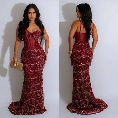 Burgundy strapless sequin dress for evening
