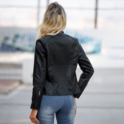 Casual women’s stand collar leather jacket