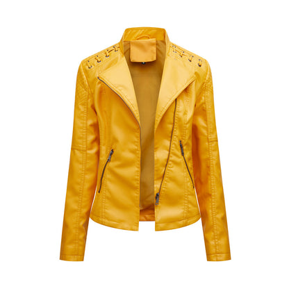Close-up of lapel collar women’s biker jacket