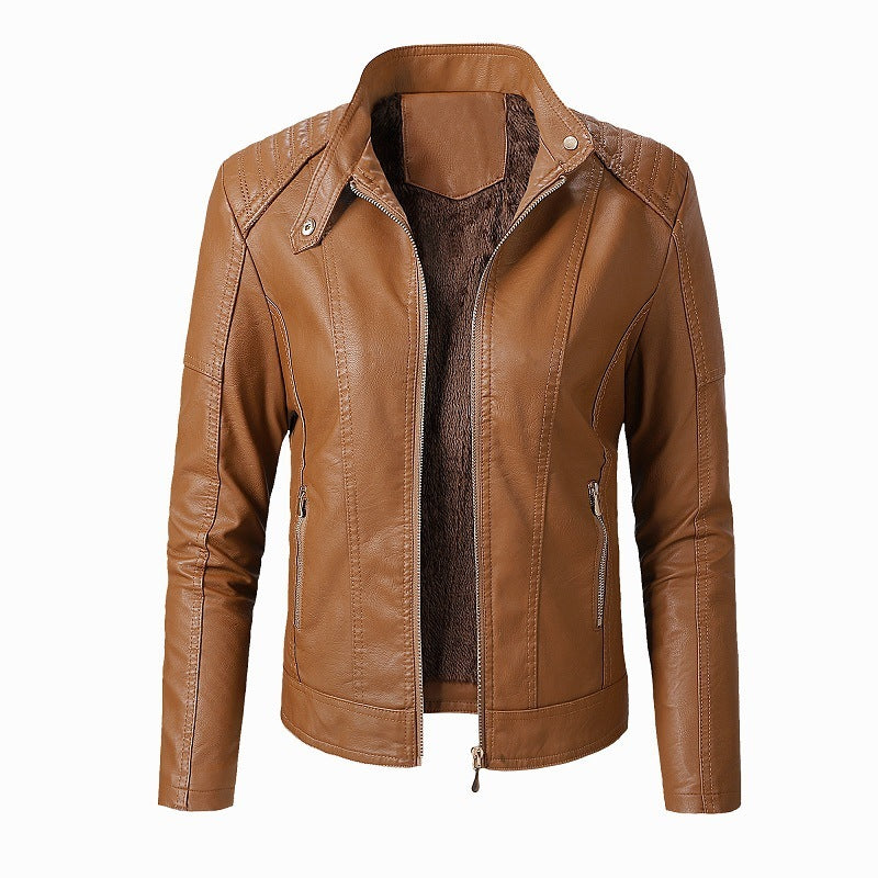 Close-up of stand collar on women’s leather jacket