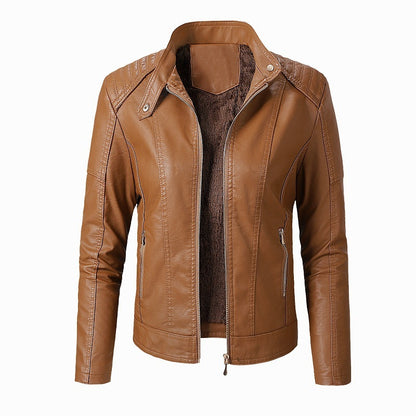 Close-up of stand collar on women’s leather jacket