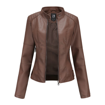 Coffee color leather jacket for women casual chic