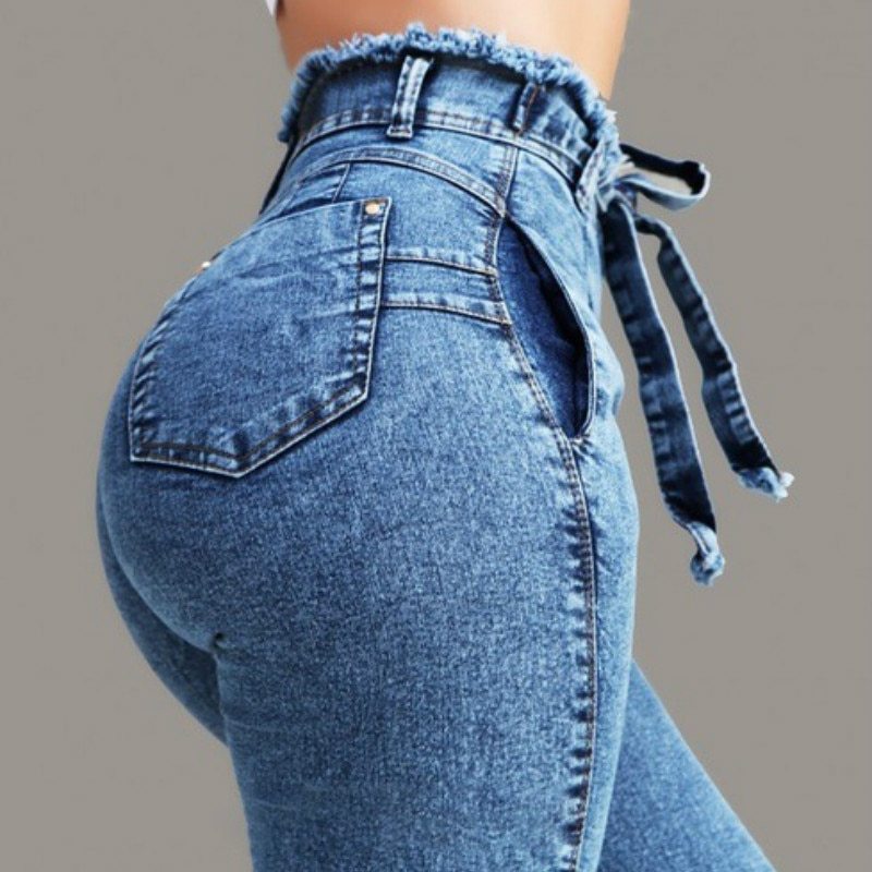 Dark blue fringed hem jeans straight fit for women