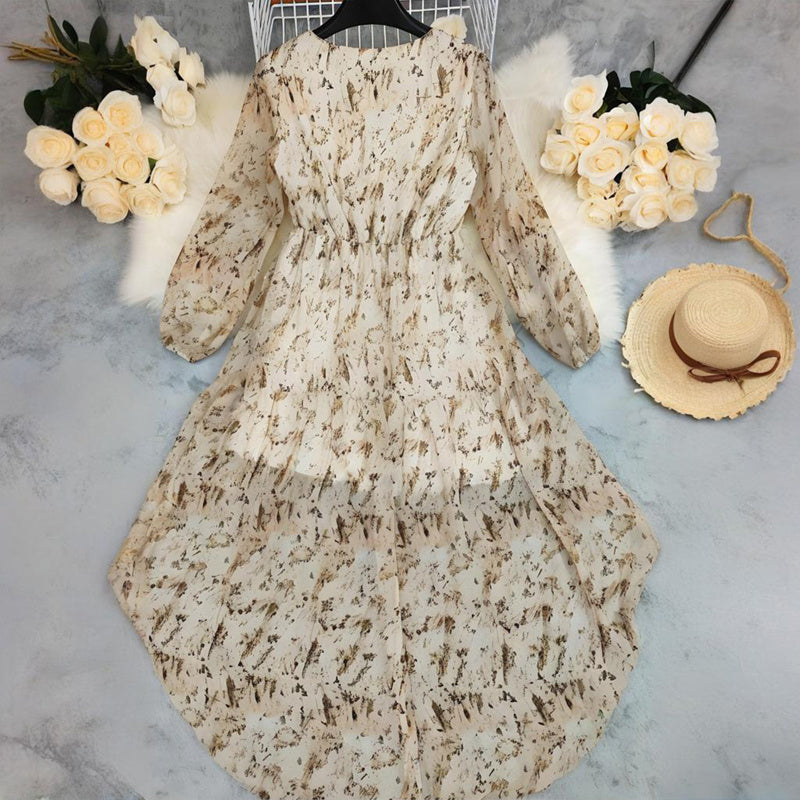 Elastic high waist maxi dress with puff cuffs