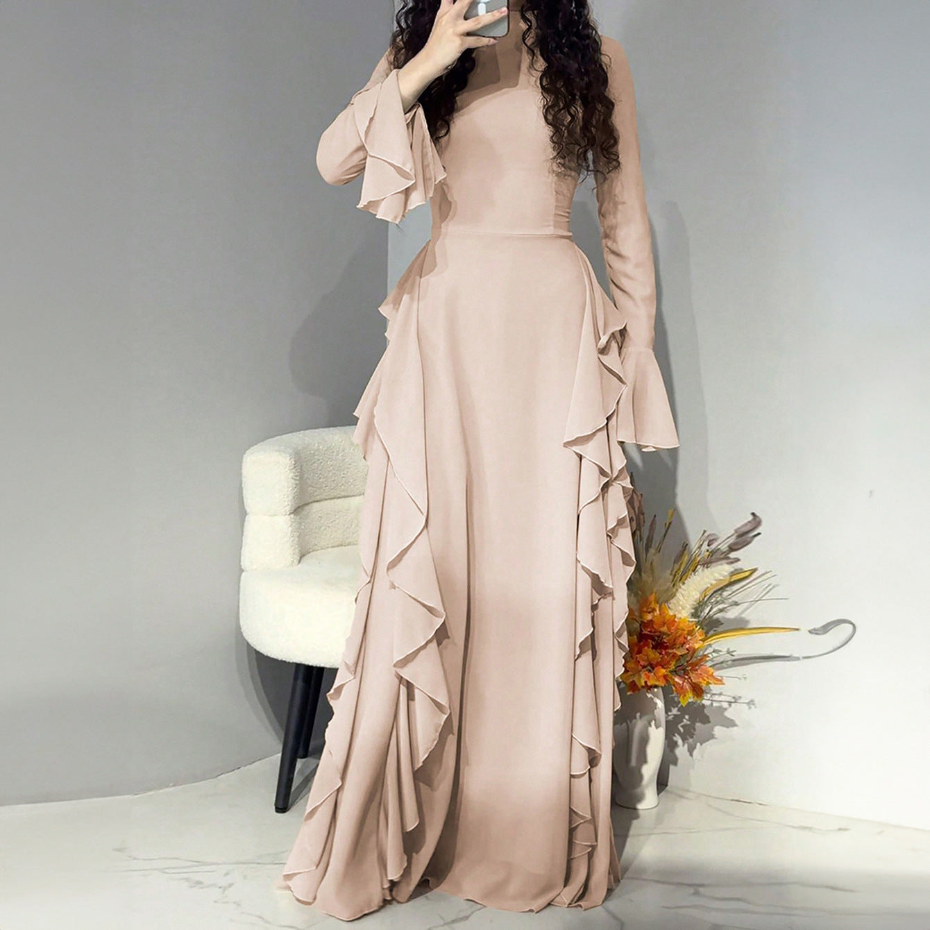Feminine flesh pink long dress Yuvoro