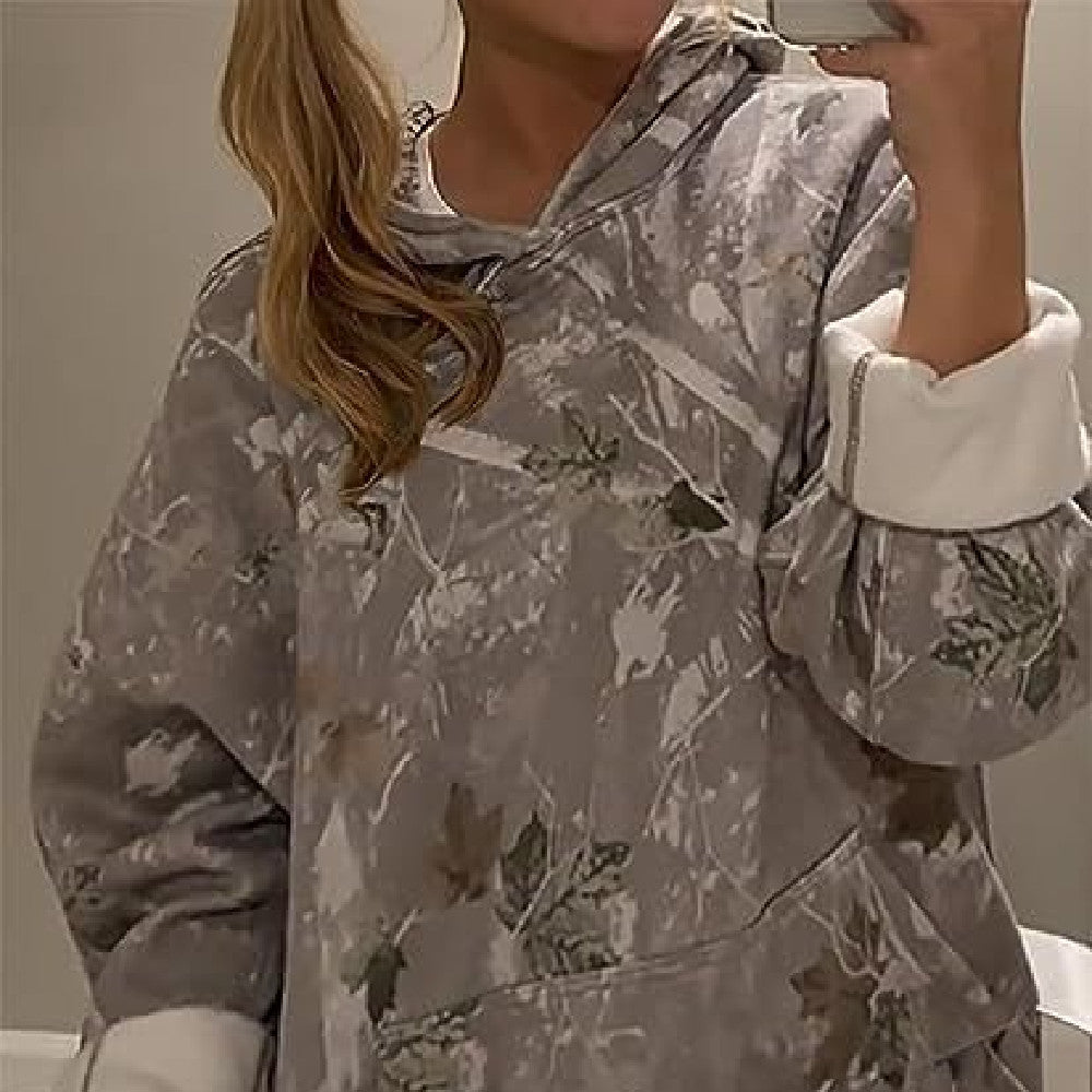 Khaki floral printed pullover hoodie