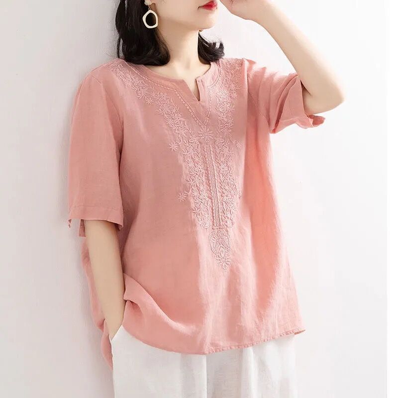 Light blue cotton-linen embroidered shirt