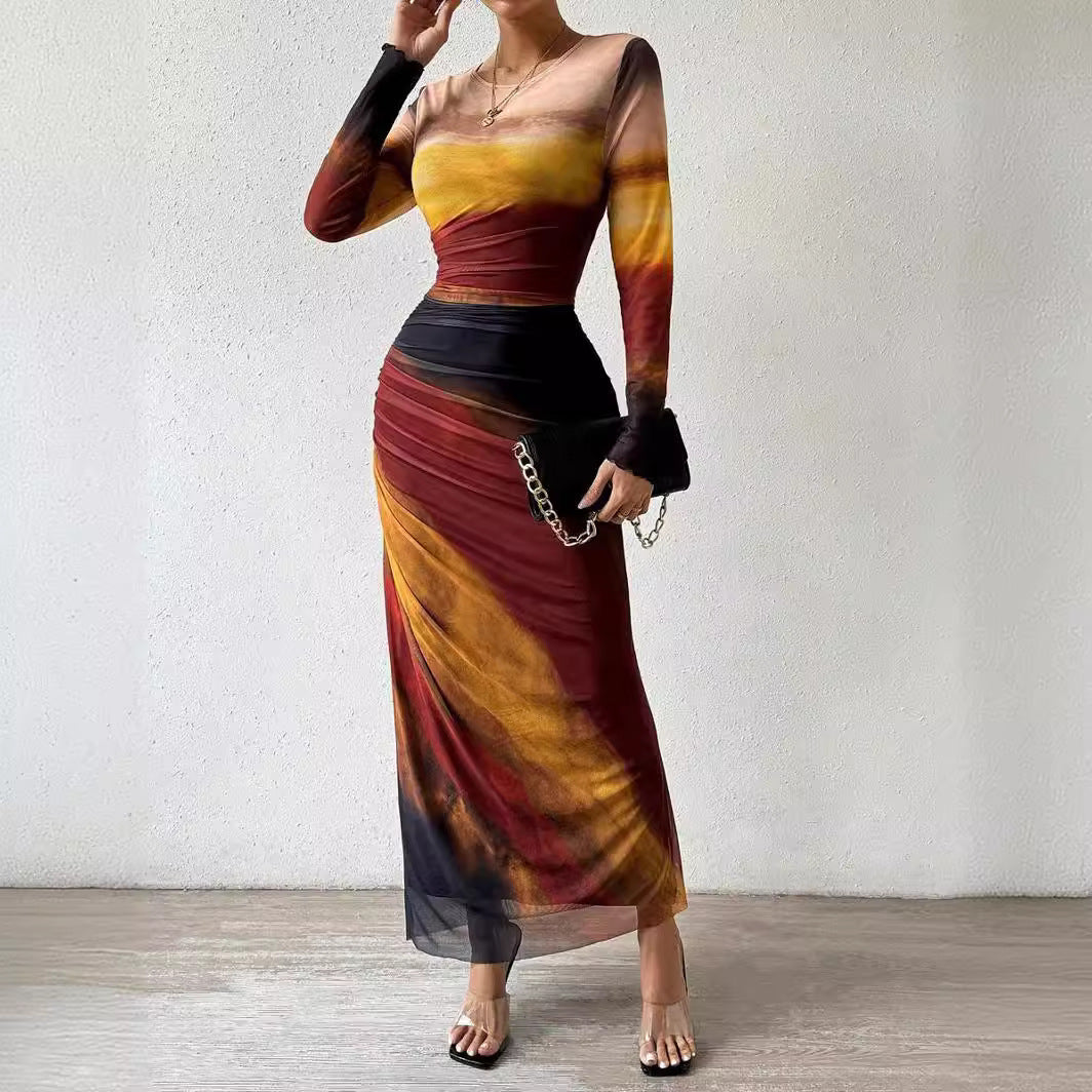 Light gray ruched tie-dye dress for fall