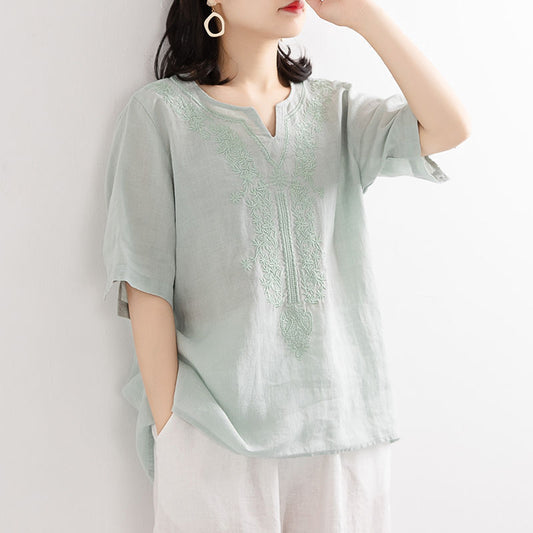 Luxury embroidered cotton-linen V-neck shirt