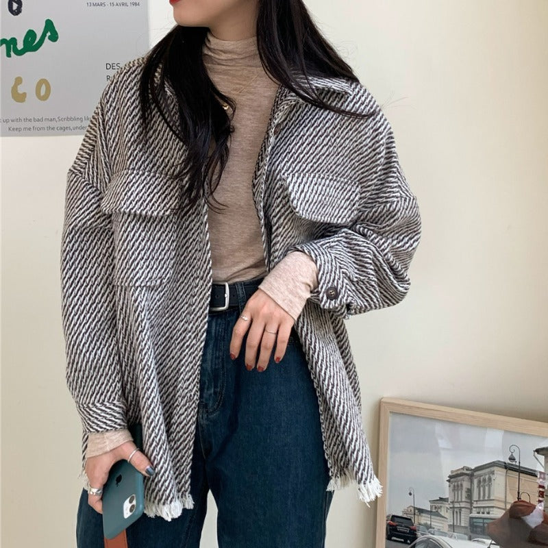 Medium-length plaid shacket with POLO neck