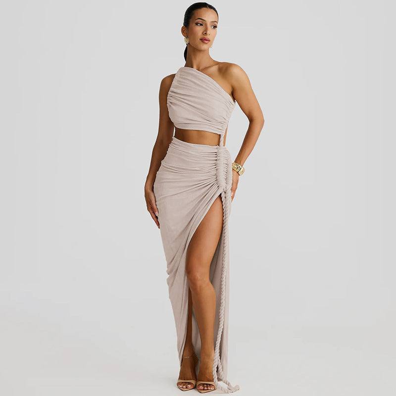 Red one-shoulder evening gown