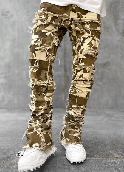 Side view of Yuvoro stacked jeans with patchwork