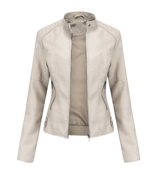 Side view of women’s European style PU jacket