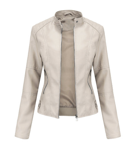 Side view of women’s European style PU jacket