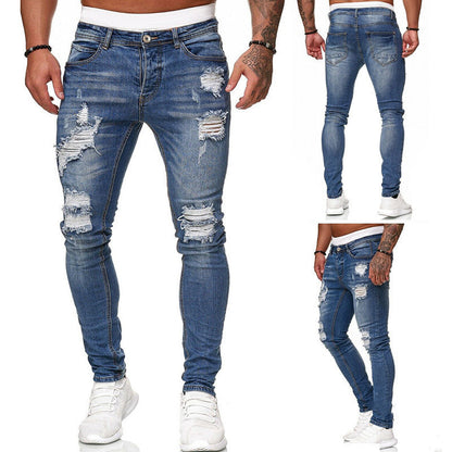 Slim fit distressed denim trousers for men