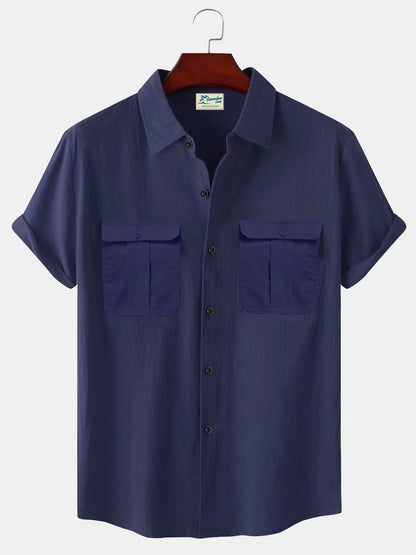 Solid color loose lapel cotton shirt for men