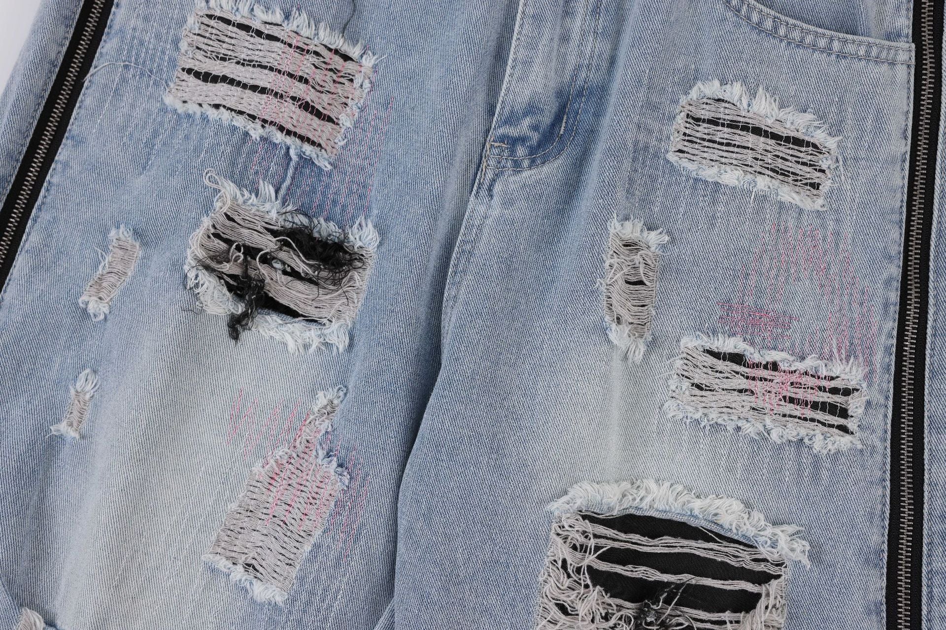 Teen street fashion ripped light blue jeans