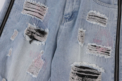 Teen street fashion ripped light blue jeans