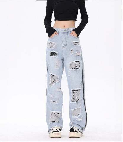 Urban street style straight fit ripped denim