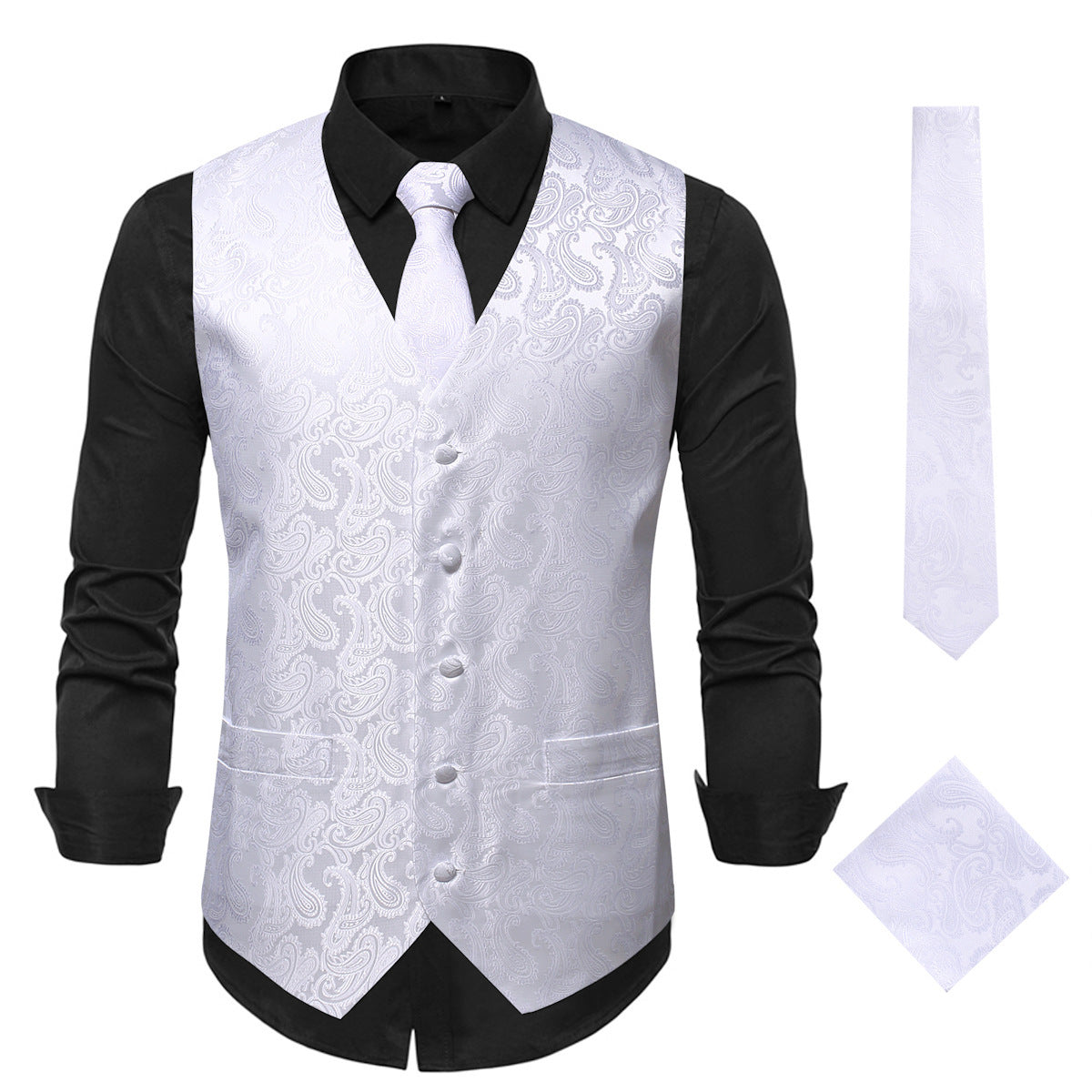 V-neck suit waistcoat and tie set black silver