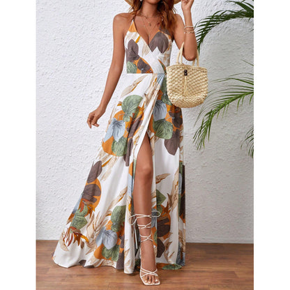 White floral dress with yellow leaf pattern