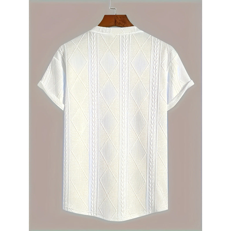 White geometric embroidery plus size men’s t-shirt flat lay