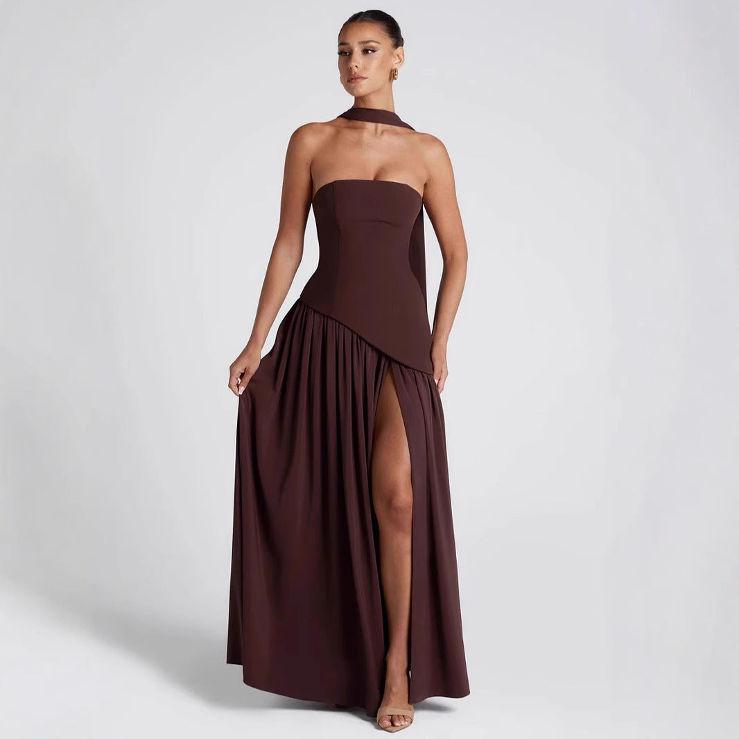 Wine red backless formal dress with high waist