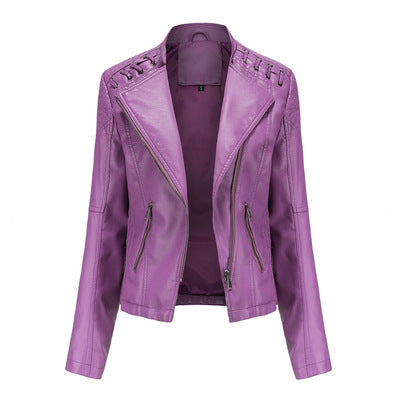 Women’s long sleeve motorcycle-style leather jacket