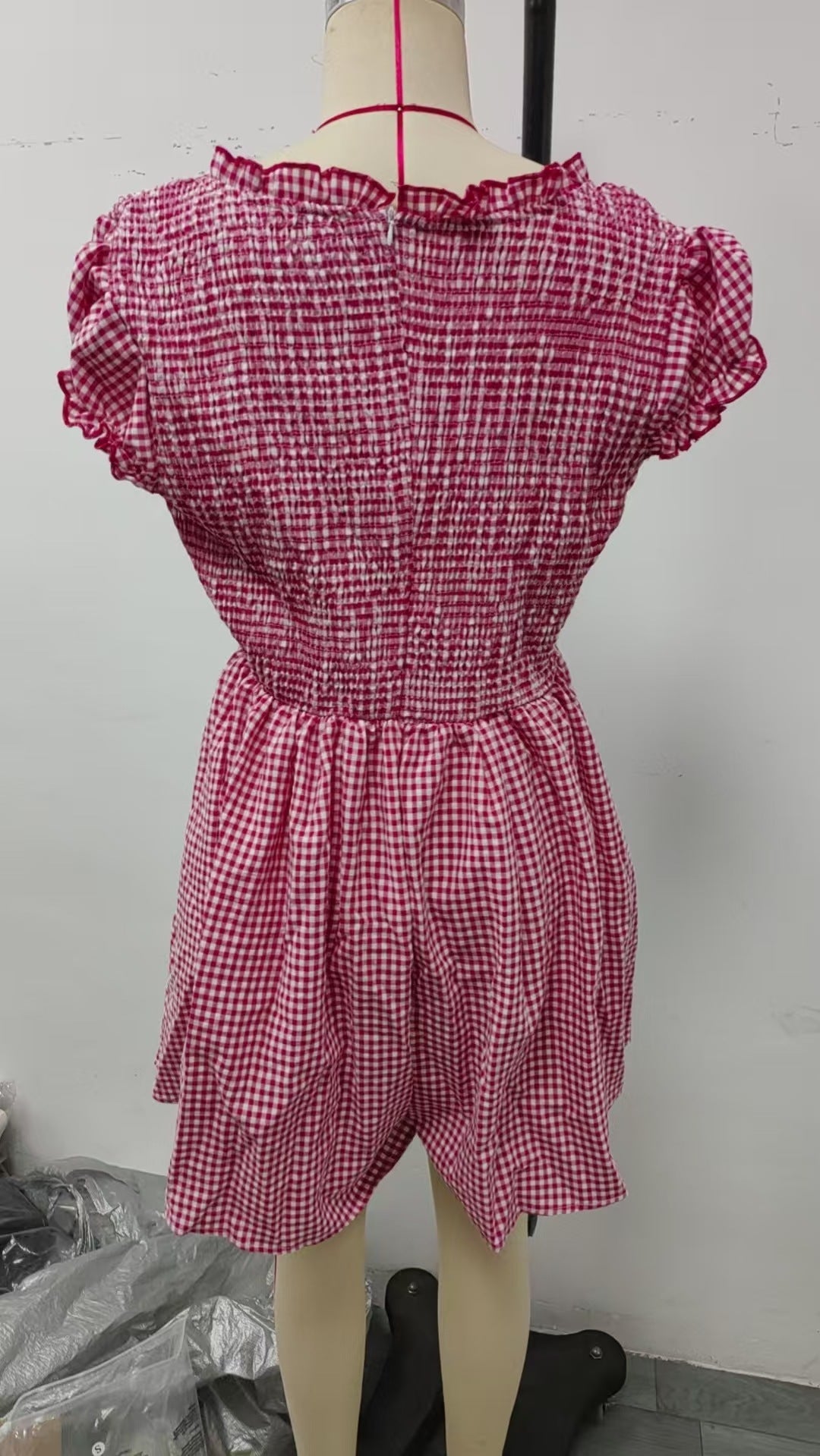 Women's ruffle sleeve plaid romper