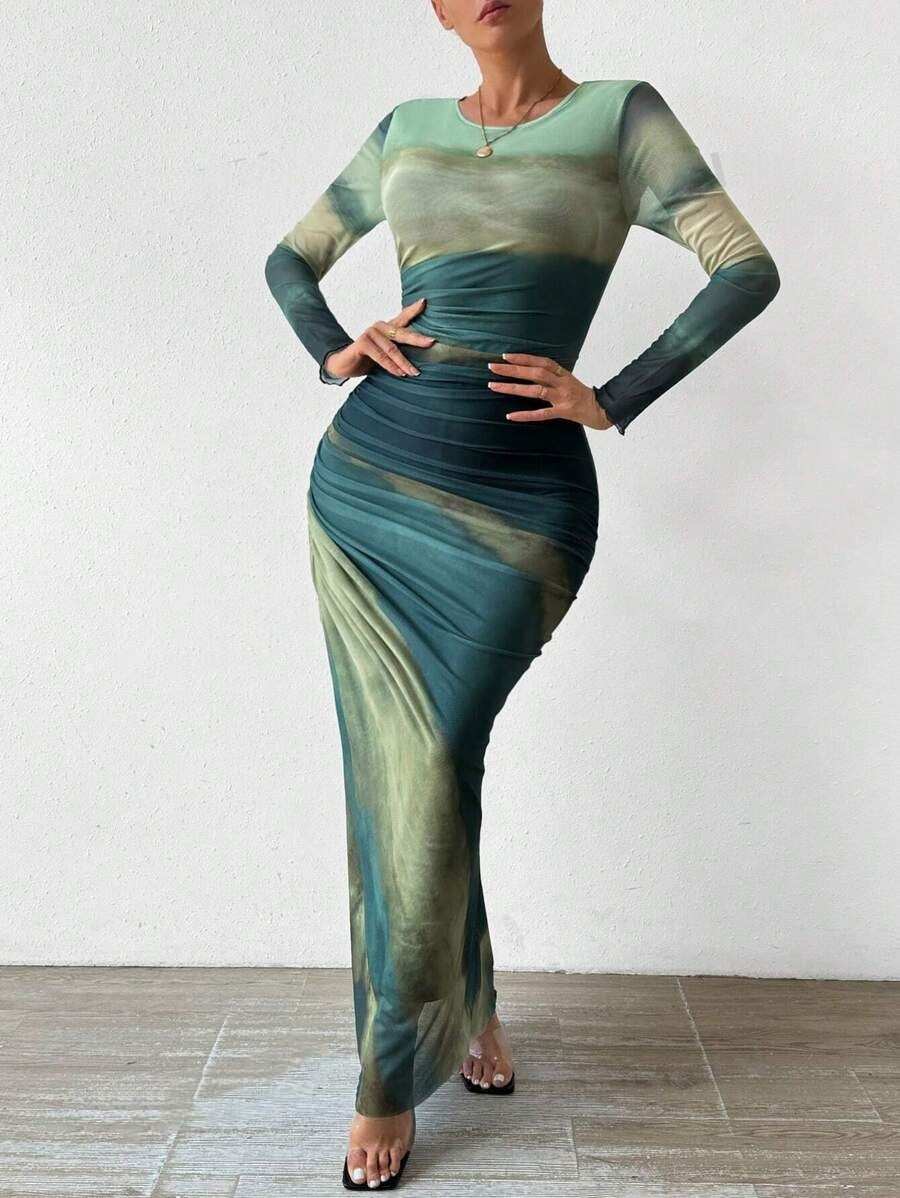 Women’s tie-dye A-line long dress with sleeves
