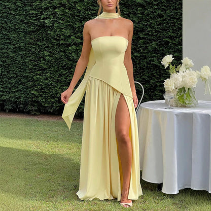 Yellow sleeveless slit dress for special occasions