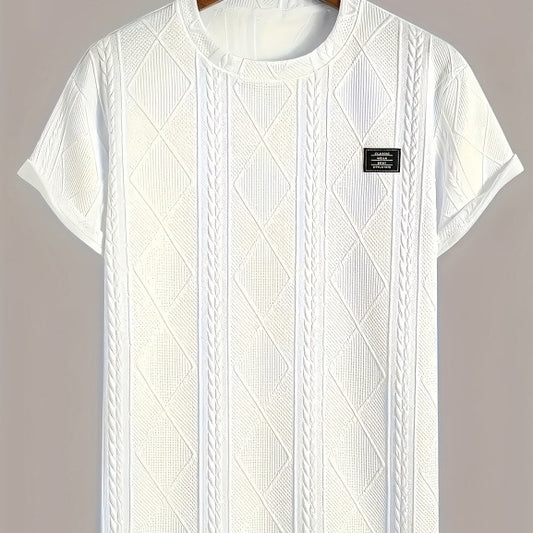 Yuvoro men’s black geometric embroidery short sleeve tee — front view